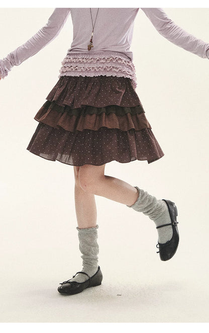 "Caramel Lace Notes" Brown Polka Dot Tiered Lace Midi Skirt