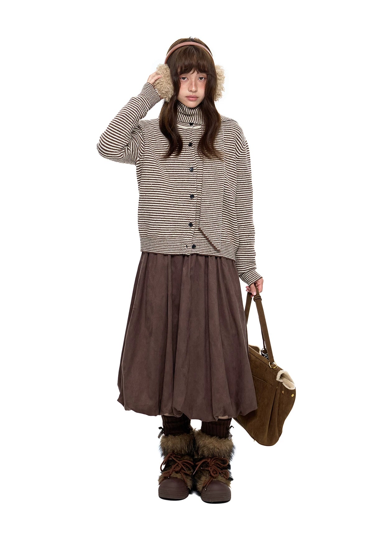 EZEK | Speckled Crew Neck Cardigan Sweater (Gray / Caramel)