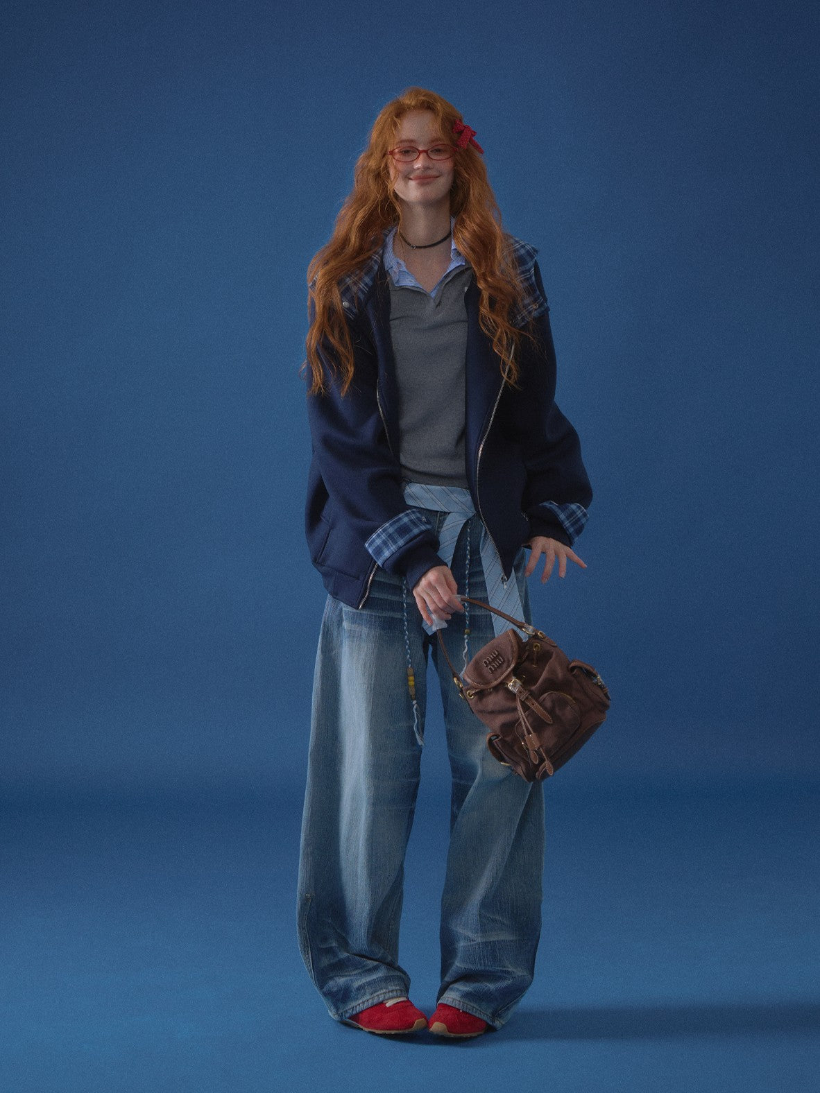 ASGONY - Plaid-Lined Oversized Hoodie Jacket (Navy)