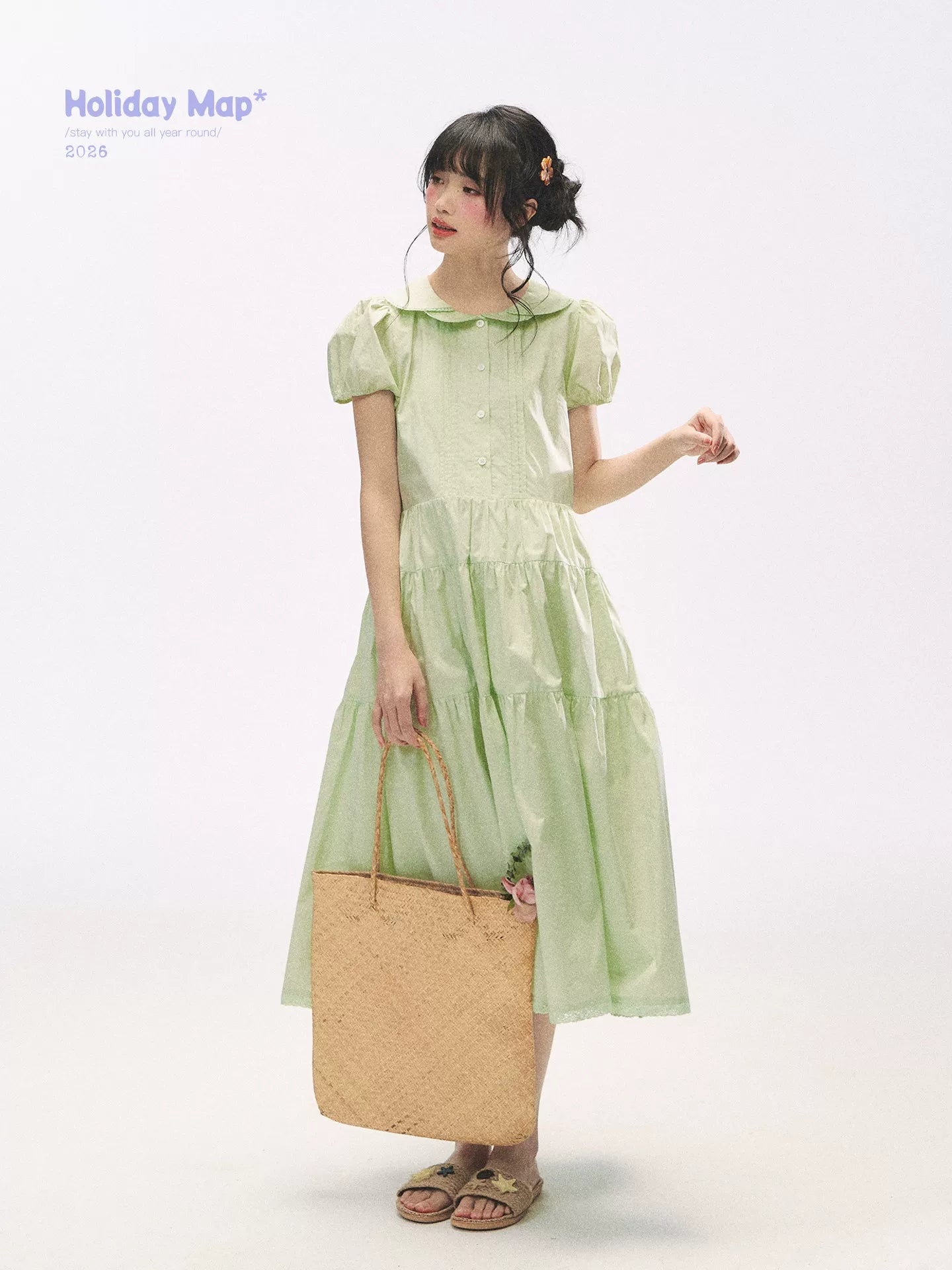 "Mint Forest" Mint Green Double Collar Tiered A-Line Midi Dress