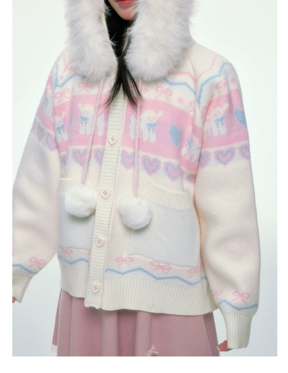 BIBIBENCY - Pink and White Hooded Knit Cardigan with Faux Fur Trim
