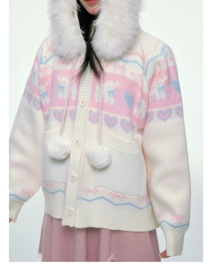 BIBIBENCY - Pink and White Hooded Knit Cardigan with Faux Fur Trim
