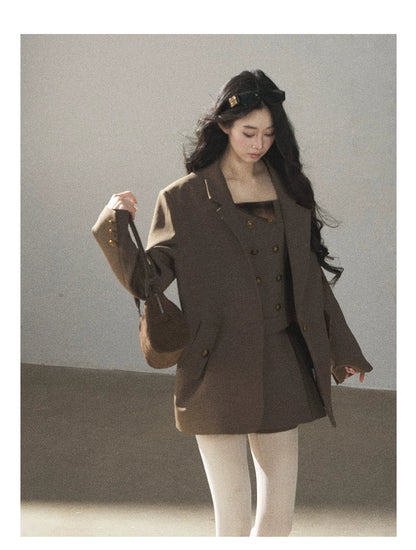 AOMALM - “Evening Breeze in the Valley” Chestnut Brown Blazer, Cami & Pleated Skort Set