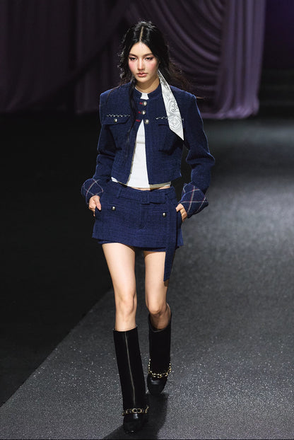 "Midnight Atelier" Navy Wool Quilted Jacket & A-Line Skort Set