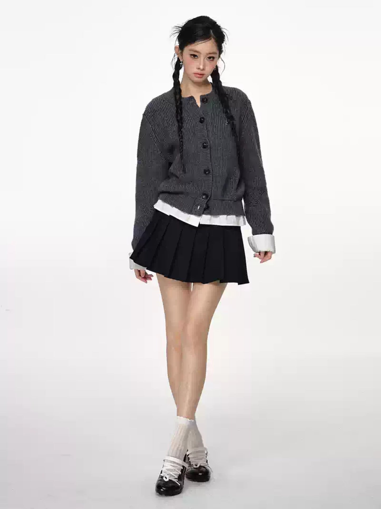 PCH - Tri-Color Layered Knit Cardigan with Contrast Panels (Dark Gray)