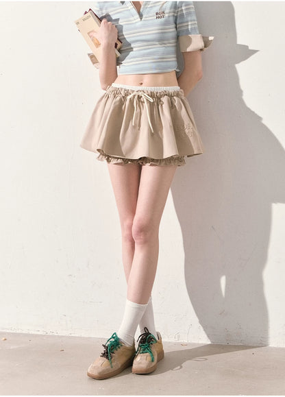 "The Space Between" Beige Drawstring Bubble Mini Skirt
