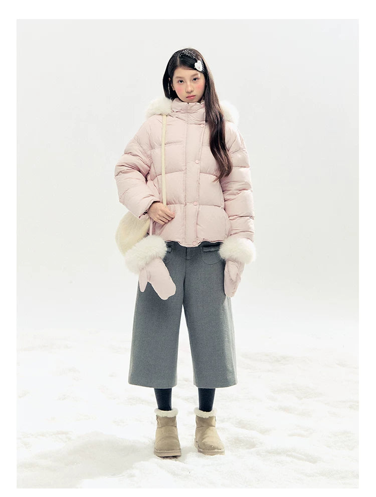 "Snowland Sprite" Peach Blush Lilac Hooded Down Jacket with Detachable Faux Fur Trim & Gloves