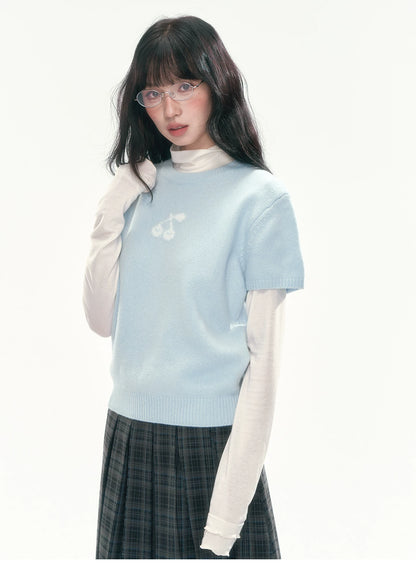 [CAN] Cropped Knit Top with Cherry Jacquard Detail