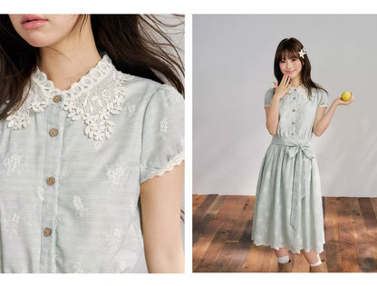 “Sage Meadow Reverie” Sage Green Embroidered Shirt Dress