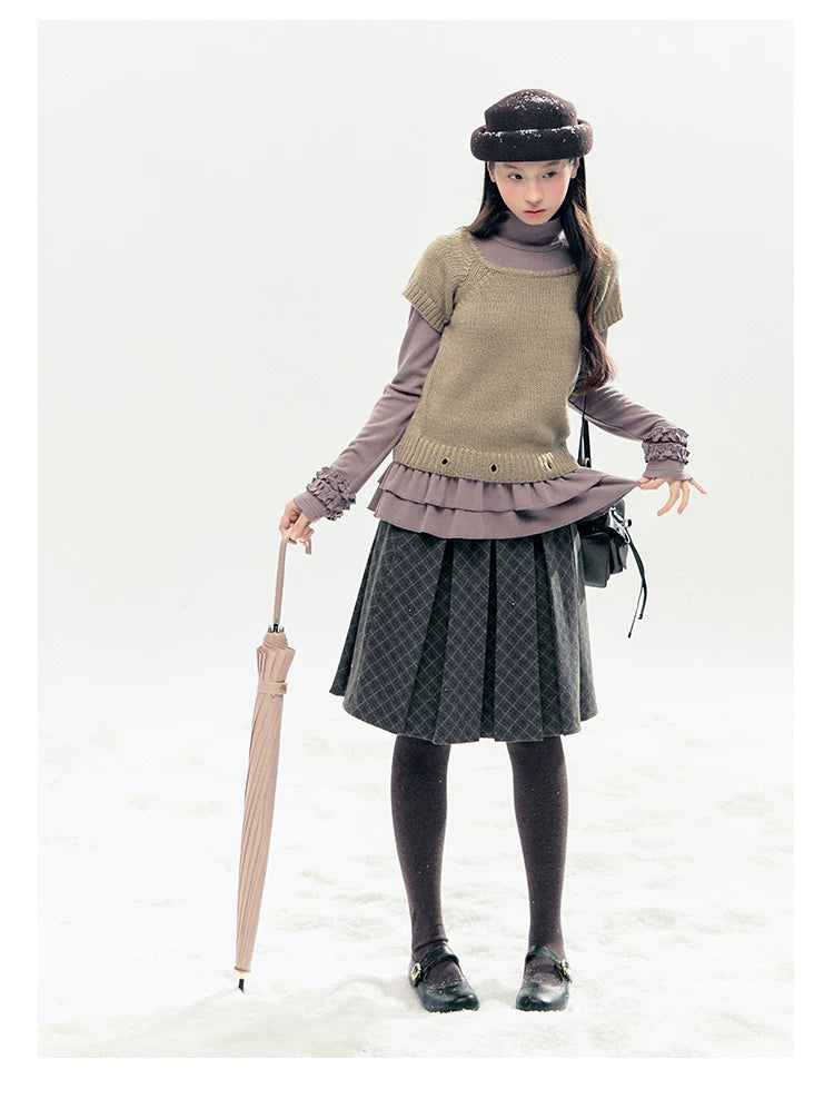 "Lavender Mist" Smoky Mauve Ruffle Ruched Turtleneck Knit Top