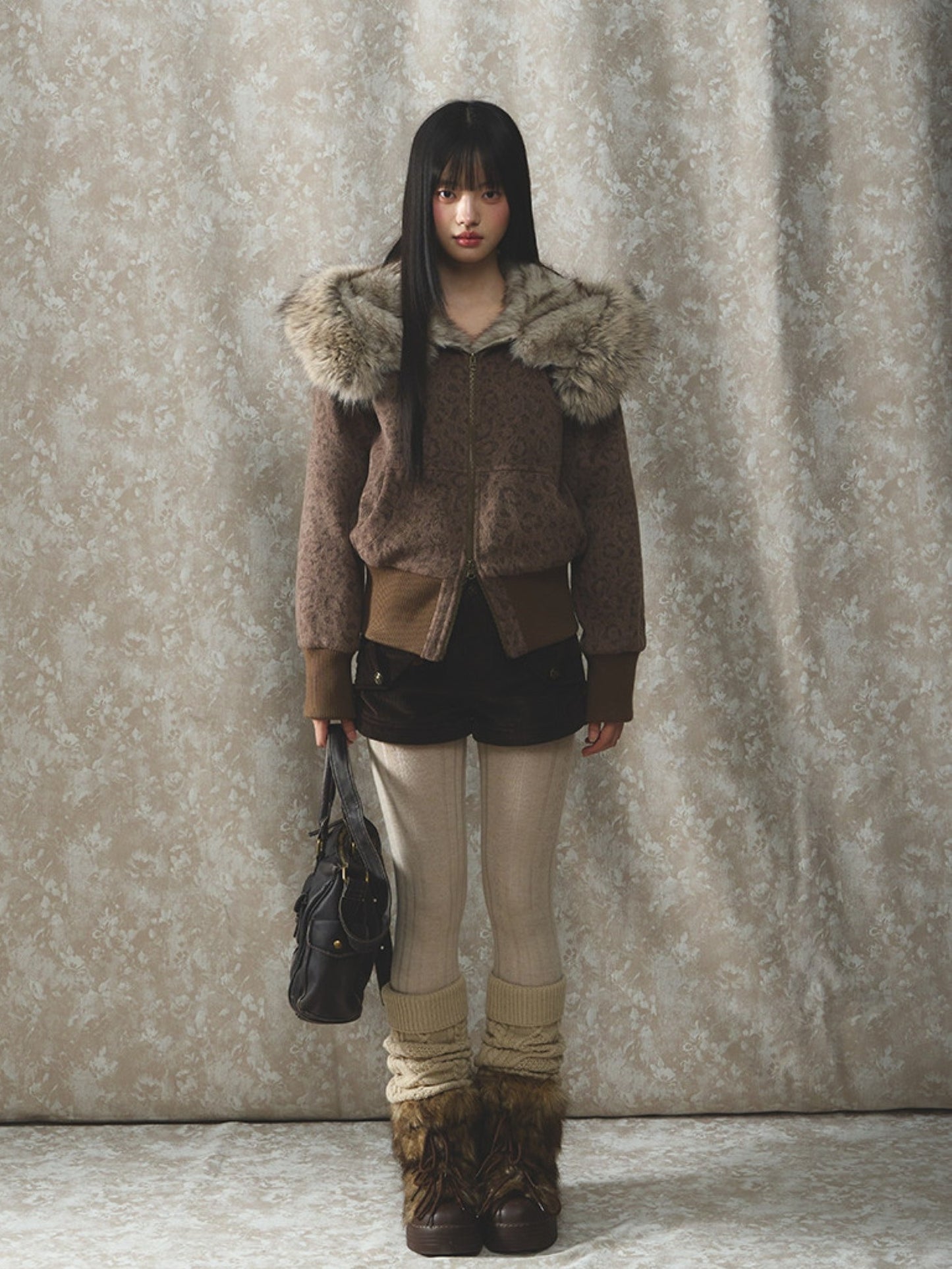 Soote Season - Vintage Leopard Wool Hooded Jacket with Faux Fur Collar – Brown Leopard