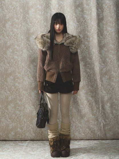 Soote Season - Vintage Leopard Wool Hooded Jacket with Faux Fur Collar – Brown Leopard