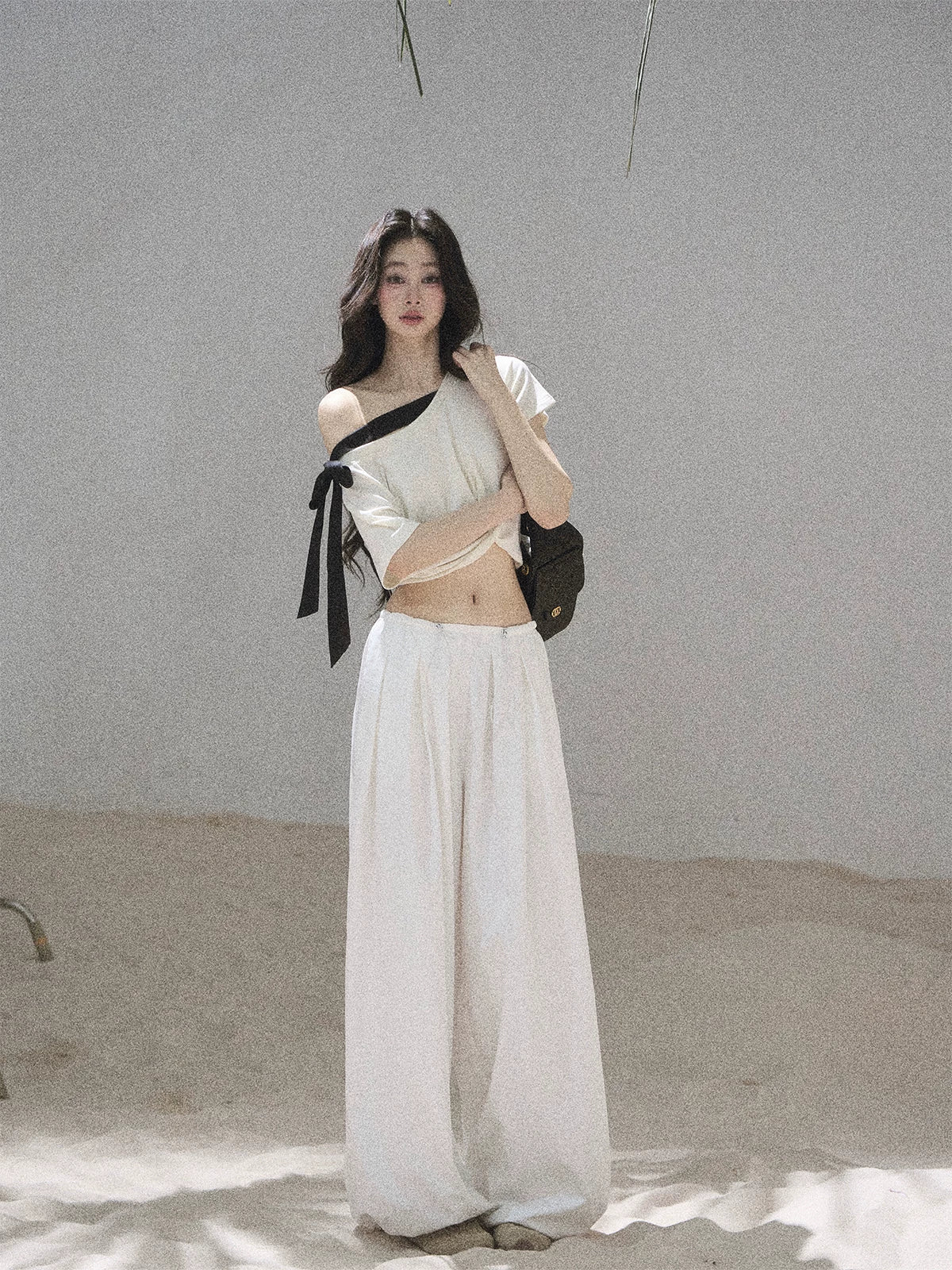 "Moonlight Upon Her" Creamy Apricot Off-Shoulder Twist Cropped T-Shirt