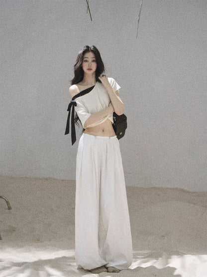 "Moonlight Upon Her" Creamy Apricot Off-Shoulder Twist Cropped T-Shirt