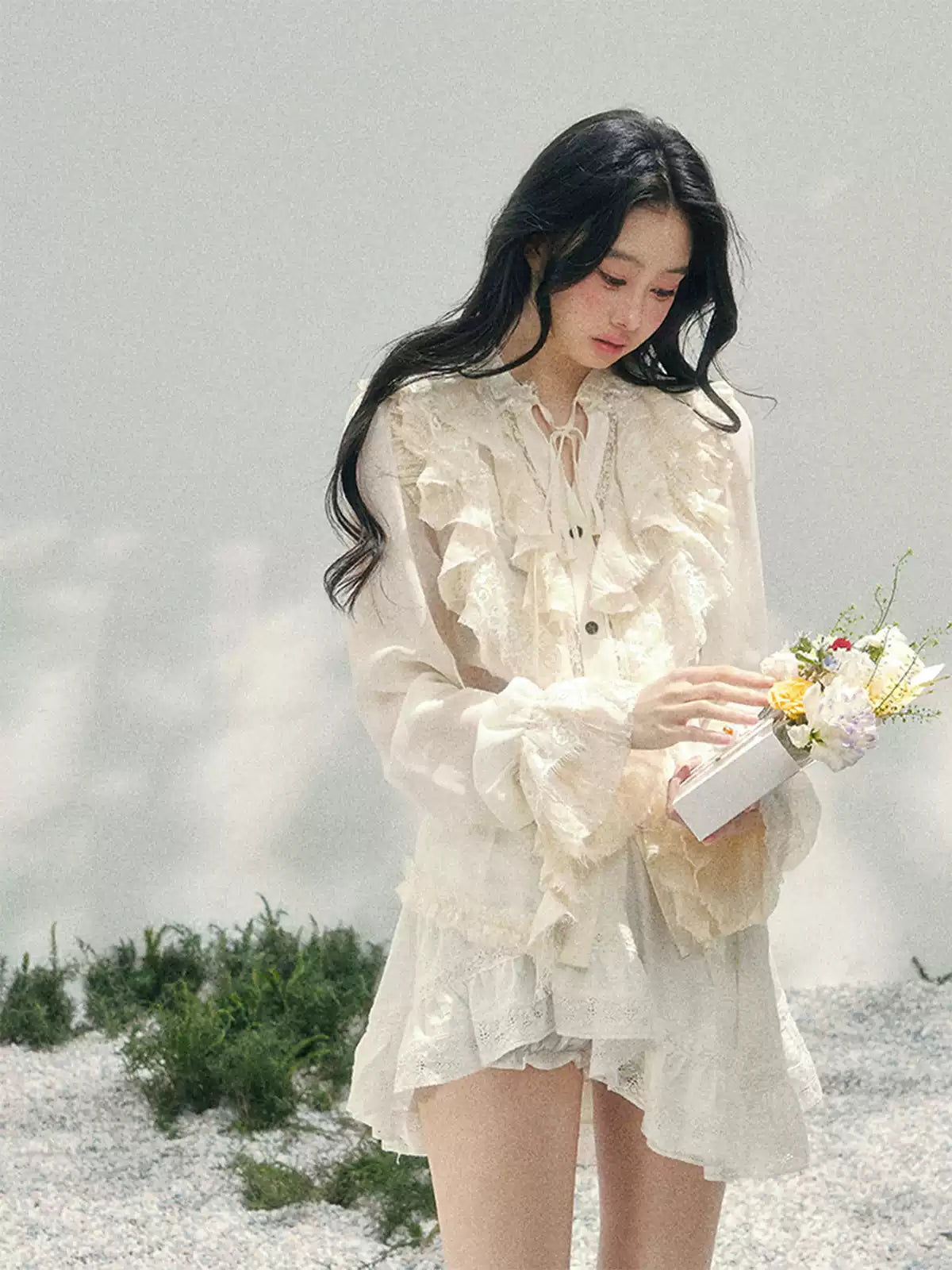 “Memory in Bloom” French Court Lace Flare Sleeve Top