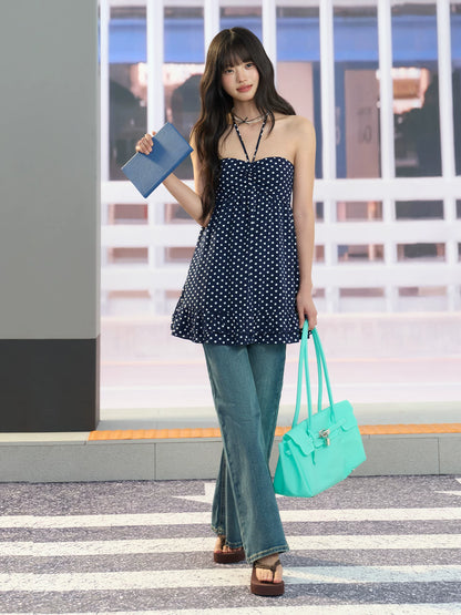 "Midnight Departure" Navy Polka Dot Convertible Babydoll Dress