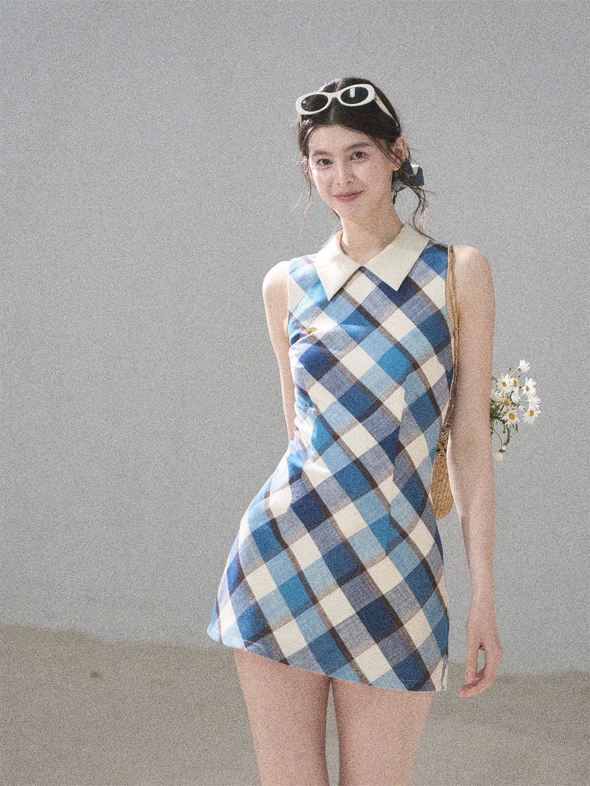 "Sunset by the Shore" Vintage Blue Plaid Polo Mini Dress 358648564