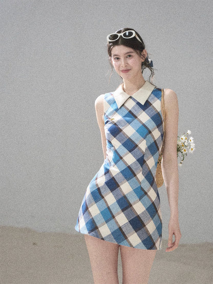 "Sunset by the Shore" Vintage Blue Plaid Polo Mini Dress 358648564