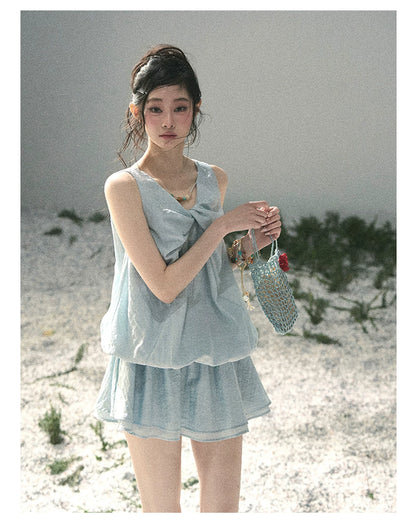 “Whispering Grass” Moonlight Blue Twist Mini Dress