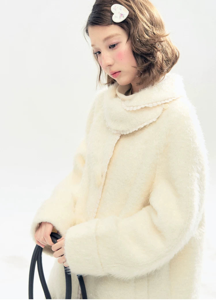 "Snow-Kissed Sakura" Ivory Wool-Blend Quilted Mid-Length Coat with Detachable Plush Flowers