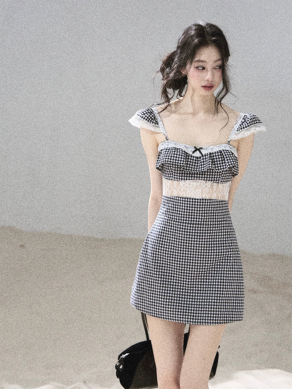 "Her in the Old Film" French Lace Plaid A-Line Mini Dress