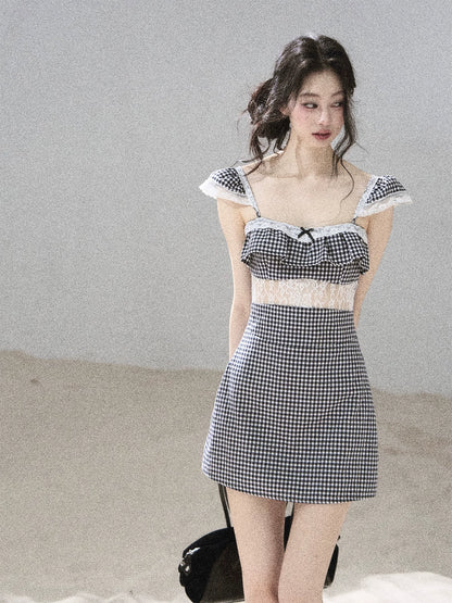 "Her in the Old Film" French Lace Plaid A-Line Mini Dress