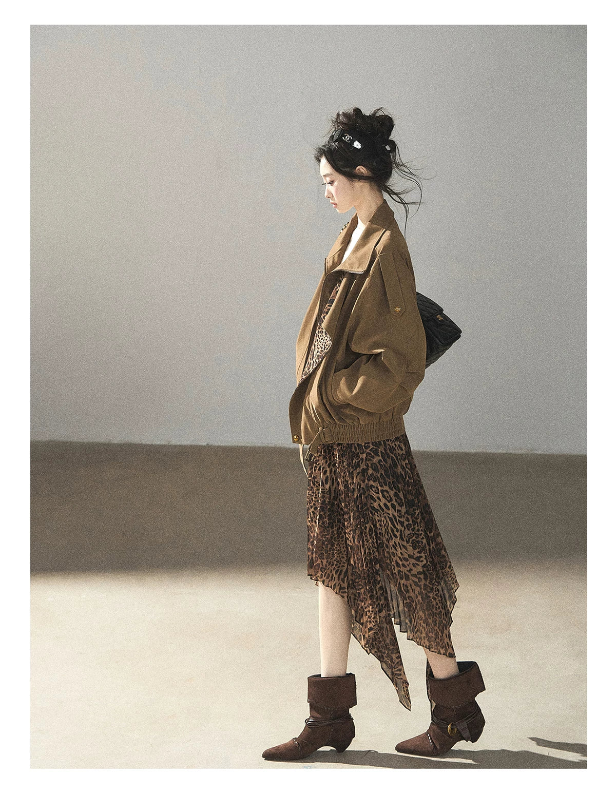 AOMALM - “Acorn & Fallen Leaves” Korean Leopard Print Chestnut Brown Faux Suede Jacket