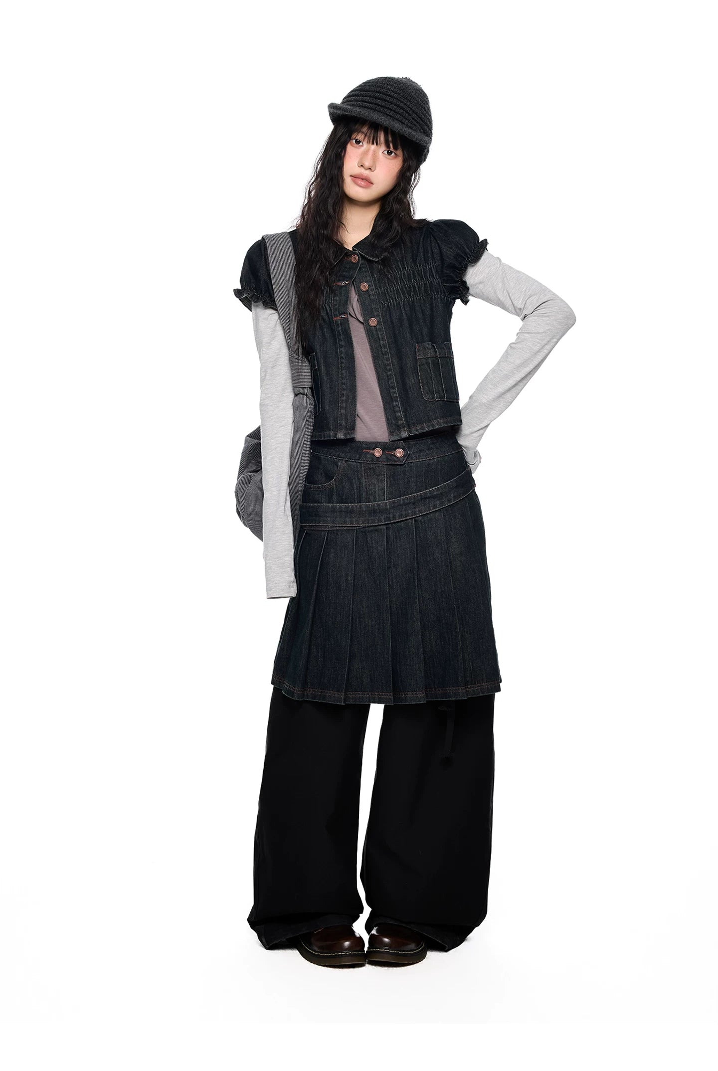 Vintage Peter Pan Collar Puff Sleeve Denim Set