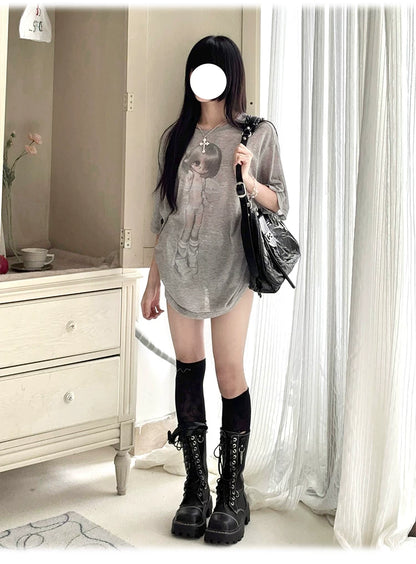 Gray & White Angel Original Licensed Two-Tone Vintage BJD Sheer Knit Cover-Up T-Shirt