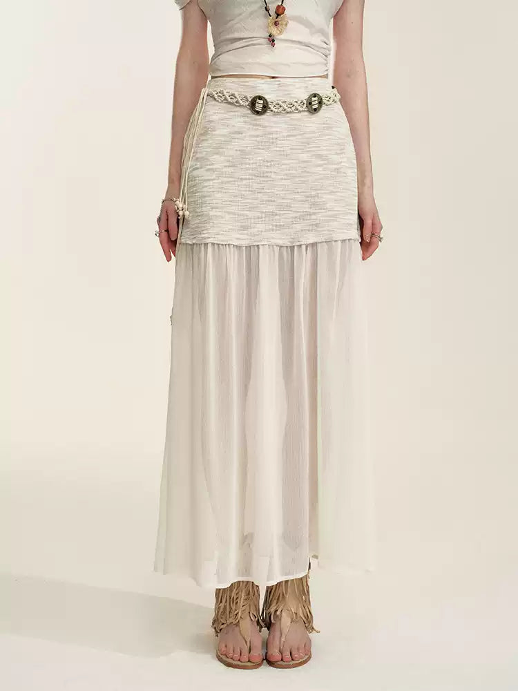 Apricot Sheer-Panel Midi Skirt