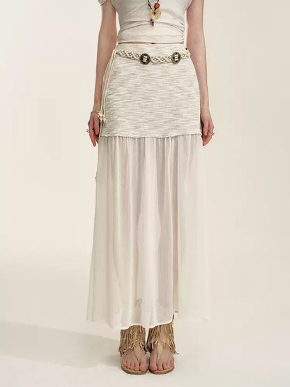 Apricot Sheer-Panel Midi Skirt