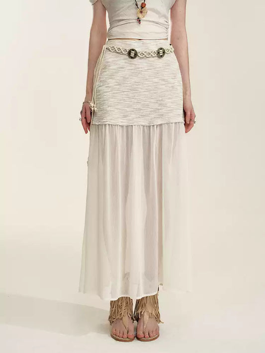 Apricot Sheer-Panel Midi Skirt
