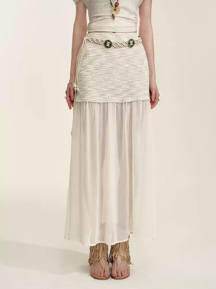 Apricot Sheer-Panel Midi Skirt
