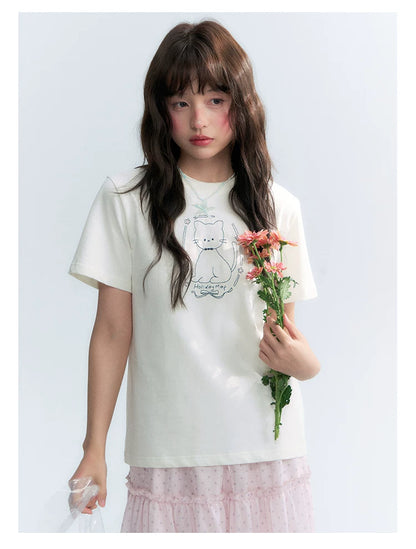 "Garden Kitty" Ivory Embroidered Cat Cotton T-Shirt