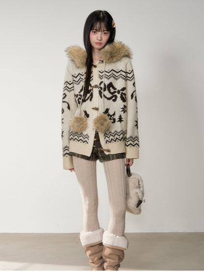 Soote Season - Fair Isle Cream Hooded Toggle Knit Jacket - Light Cream