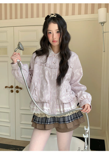 [RF] “Cream Garden Reverie” Light Purple Plaid Ruffle Lace-Trim Jacket
