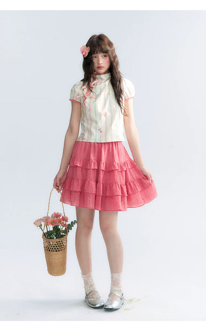 "Peach Blossom" Plum Pink Plaid Tiered A-Line Skirt
