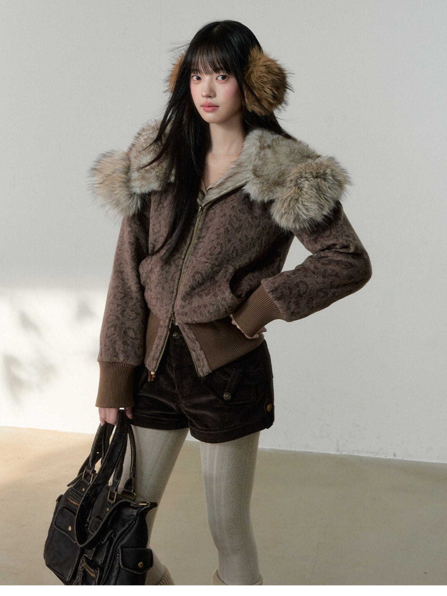 Soote Season - Vintage Leopard Wool Hooded Jacket with Faux Fur Collar – Brown Leopard