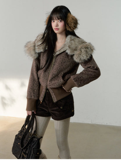 Soote Season - Vintage Leopard Wool Hooded Jacket with Faux Fur Collar – Brown Leopard