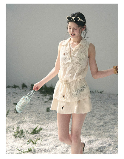 “Summer Breeze Kissing the Hem” Ivory Lace Layered Sleeveless Top