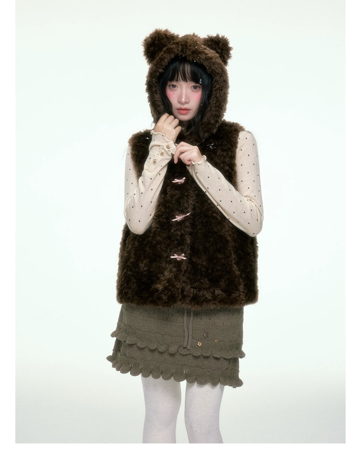 BIBIBENCY - Brown Faux Fur Hooded Vest with Toggle Closures
