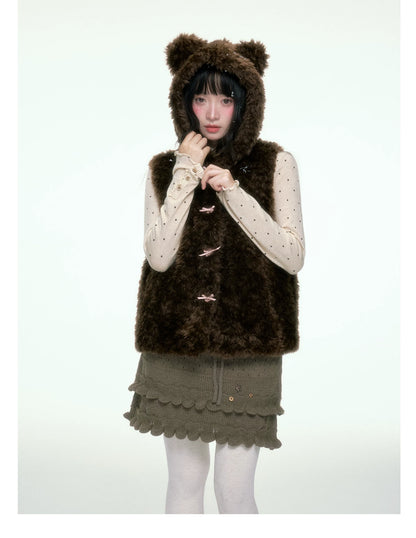 BIBIBENCY - Brown Faux Fur Hooded Vest with Toggle Closures