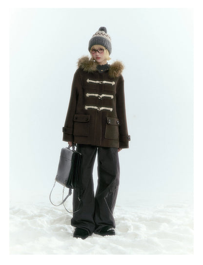 Horridale - Dark Coffee Brown Cropped Hooded Toggle Coat with Detachable Faux Fur Collar