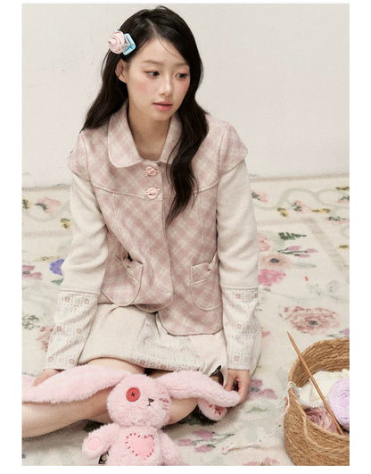 [RF] Pink Gingham Wool Blend Cropped Coat with Peter Pan Collar