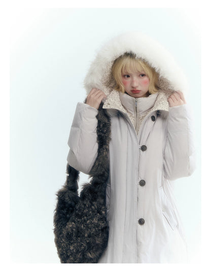 Horridale - Snow-Dusted Floral 90% White Duck Down Puffer Jacket (Light Peach Pink / Silver Gray)