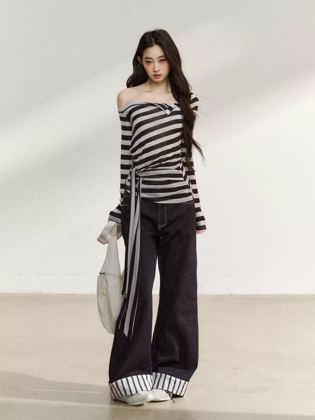 JN's DESIGN - Asymmetrical Striped Long-Sleeve Top with Tie Detail