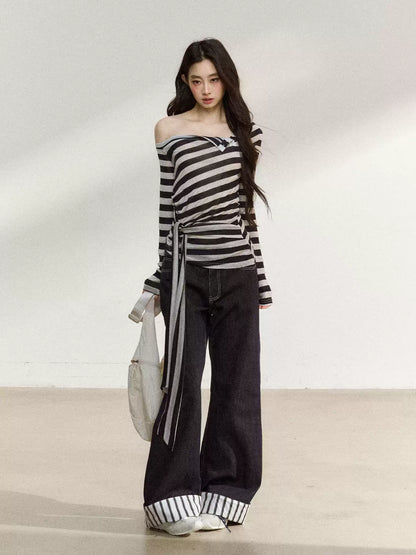 JN's DESIGN - Asymmetrical Striped Long-Sleeve Top with Tie Detail