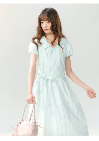 "Early Summer Letter" Blue Stripe Bow-Tie Wrap Dress PP2026211