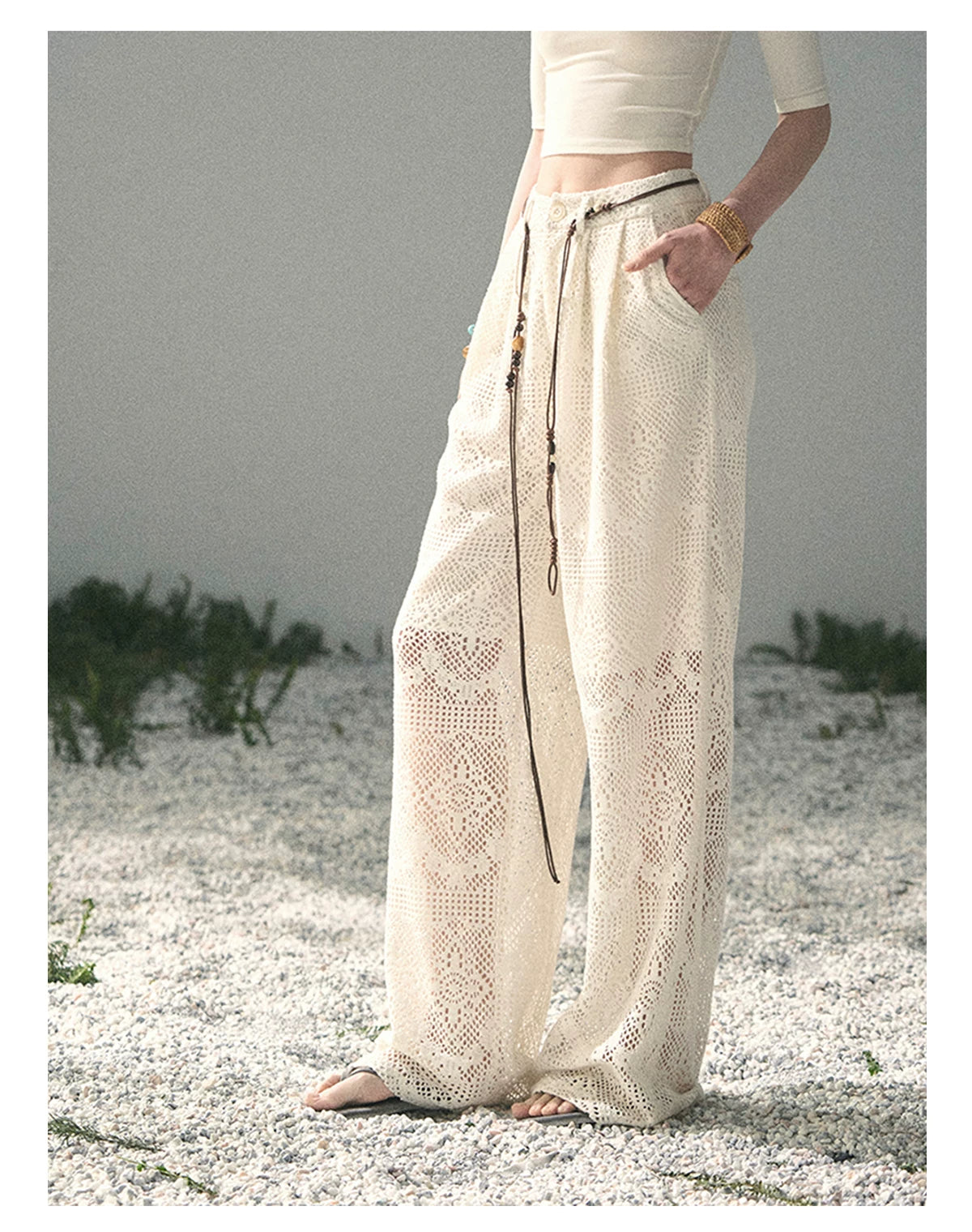 “Wandering Here” Milk Apricot Openwork Wide-Leg Pants
