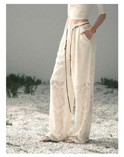 “Wandering Here” Milk Apricot Openwork Wide-Leg Pants